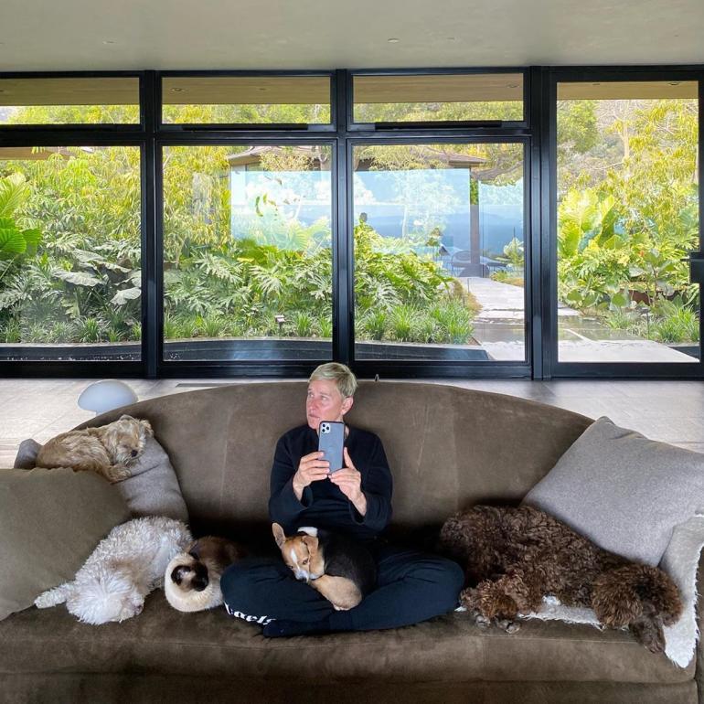 Эллен Дедженерес сидит на диване
